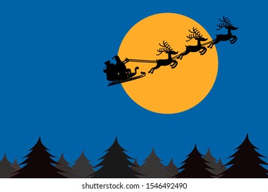 Santa Claus flying with reindeers on sky over top of trees in full moon day.