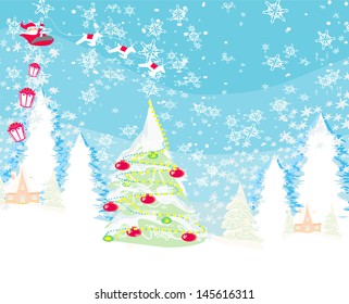 The santa claus flying with the sack full of presents