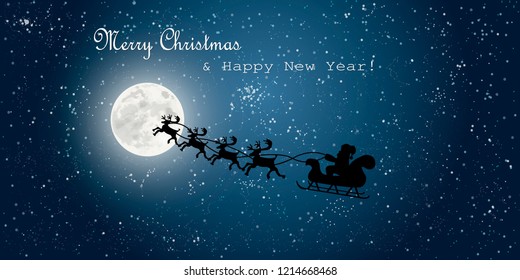 santa claus flying in sledge with reindeer night sky over full moon merry christmas happy new year concept horizontal flat vector illustration