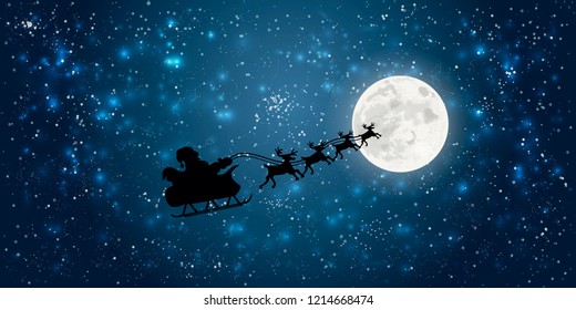 santa claus flying in sledge with reindeer night sky over full moon merry christmas happy new year concept horizontal flat vector illustration