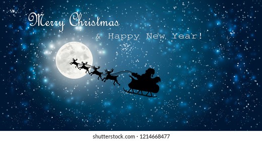 santa claus flying in sledge with reindeer night sky over full moon merry christmas happy new year concept horizontal flat vector illustration
