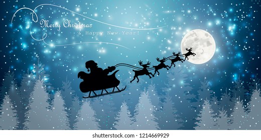 santa claus flying in sledge with reindeers night sky over full moon fir tree landscape merry christmas happy new year concept horizontal flat vector illustration