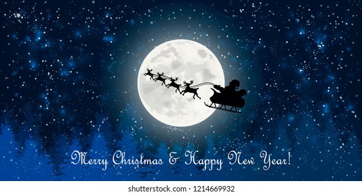 santa claus flying in sledge with reindeers night sky over full moon fir tree landscape merry christmas happy new year concept horizontal flat vector illustration