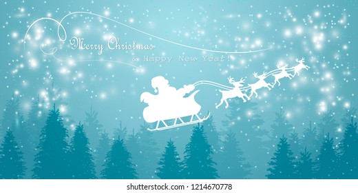 santa claus flying in sledge with reindeers night sky fir tree landscape background merry christmas happy new year concept horizontal flat vector illustration