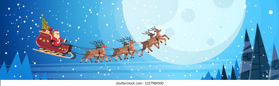 santa claus flying in sledge with reindeers night sky over moon merry christmas happy new year horizontal banner winter holidays concept flat vector illustration