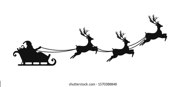 Santa Claus is flying in sleigh with Christmas reindeer. Silhouette of Santa Claus, sleigh with Christmas presents and reindeer. Vector