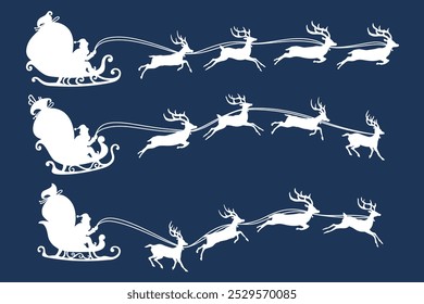 Santa Claus is flying in sleigh with Christmas reindeer. White silhouette of Santa Claus and Sleigh Reindeer.