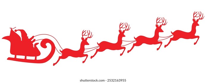 Santa Claus is flying in sleigh with Christmas reindeer. Red Christmas reindeer. Vector Neaw Year illustration isolated on white background. Santa Claus with reindeer.