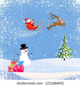 Santa Claus is flying in a sleigh with a deer. Christmas tree. Snowman and a gift in a snowdrift. Winter landscape. Christmas background with faints. Vector illustration