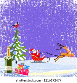 Santa Claus is flying in a sleigh with a deer. Christmas tree, champagne and a gift in a snowdrift. Winter landscape. Background with snowflakes for Christmas card. Vector illustration

