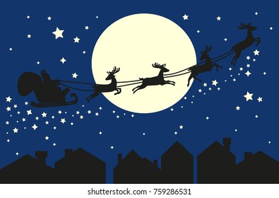 Santa Claus flying in sleigh with deer. Black silhouette on blue sky with moon and city silhouette. Vector illustration