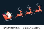 Santa Claus flying in sleigh with gifts and reindeer. Winter holiday, Christmas and New Year celebration. Flat vector illustration