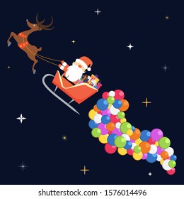 Santa Claus flying in sleigh with gifts and deer