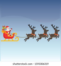 Santa Claus flying in sleigh with gifts and reindeer. Winter holiday, Christmas and New Year celebration. Flat vector illustration, isolated on background