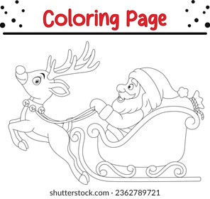 Santa Claus flying in sleigh with gifts and reindeer.. Vector black and white Happy Christmas coloring book.