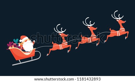 Santa Claus flying in sleigh with gifts and reindeer. Winter holiday, Christmas and New Year celebration. Flat vector illustration