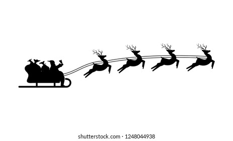 Santa Claus flying in sleigh harnessed with three reindeer. Christmas symbol. Black on white isolated graphic silhouette.