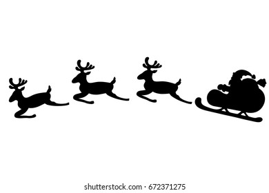 Santa Claus flying in sleigh harnessed with three reindeer. Christmas symbol. Black on white isolated graphic silhouette. Vector picture for design.