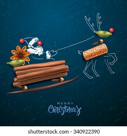 Santa Claus flying in a sleigh, Merry Christmas card, vector illustration.