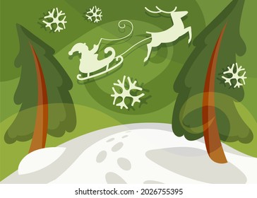 Santa Claus flying in sleigh over the spruces. Christmas banner in cartoon style.