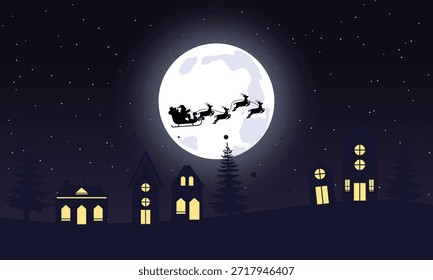 Santa Claus flying in a sleigh pulled by reindeer over a quiet village at night, full moon and starry sky creating a festive Christmas atmosphere in a minimalist illustration style.