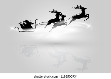 Santa Claus flying in a sleigh with reindeer. Christmas card. New Year. Isolated object. Black silhouette.