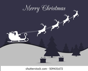 Santa Claus is flying in a sleigh with reindeer. Merry Christmas. Vector illustration.