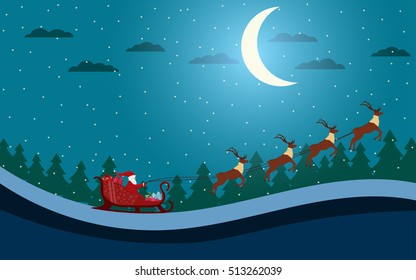 Santa Claus Is Flying In A Sleigh With Reindeer. Santa's Sleigh. Vector Illustration.