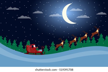 Santa Claus is flying in a sleigh with reindeer. Santa's sleigh. Vector illustration.