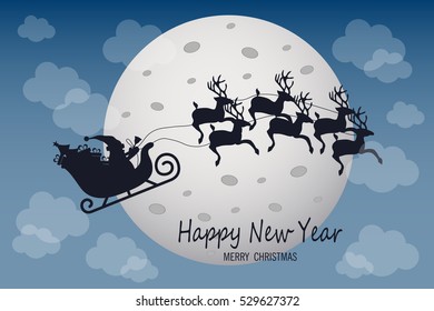 Santa Claus is flying in a sleigh with reindeer on  moon background. Perfect for your greeting cards