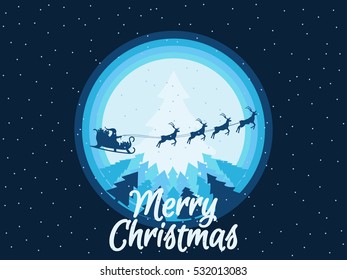 Santa Claus is flying in a sleigh with reindeer over the forest. Christmas background. Vector illustration.