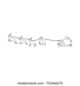 Santa Claus flying in a sleigh with reindeer vector illustration outline black line, isolated on white background