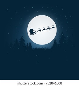 Santa Claus flying in a sleigh with reindeer. Silhouette,full moon,snows,skys.Christmas and New Year.Vector illustration.