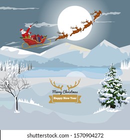 Santa claus flying with sleigh and reindeers over winter landscape scenery for your design with copyspace. Vector illustration.