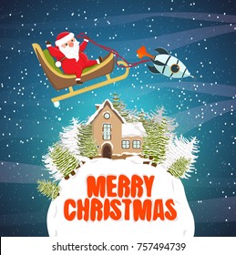 Santa Claus is flying in a sleigh with a small rocket over a small planet with a spruce forest and a house with a snow-covered roof. Christmas and New Year. Vector landscape
