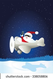 Santa Claus flying small airplane in blue night scenery