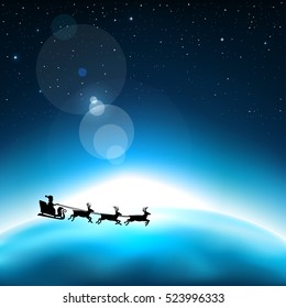 Santa Claus is flying in space on the background of the blue planet Earth. Stars and reflections of light on universe background