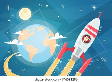 Santa Claus Flying In Space Rocket Over Earth Planet, Merry Christmas And Happy New Year Banner Flat Vector Illustration