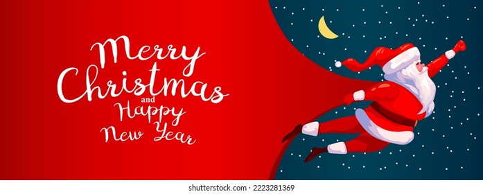 Santa Claus flying Superhero delivery huge bag of Christmas gifts. Merry Christmas banner