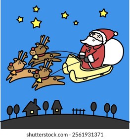 Santa Claus flying through the night sky on a reindeer sleigh