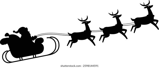 Santa Claus flying while pulling a reindeer in a sleigh. vector illustration.