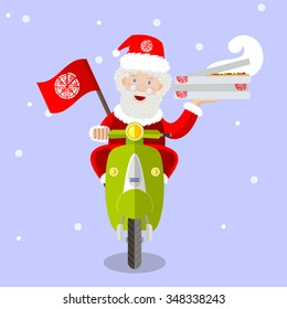 Santa Claus Food Delivery Man On A Scooter With Boxes Of Pizza, Holiday, Christmas And New Year, Vector Flat Design