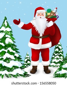 Santa Claus in the forest with a bag of gifts
