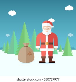 Santa Claus in the forest. Flat vector illustration