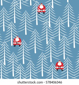 Santa Claus in forest seamless pattern. White trees Winter texture. Christmas background. New Year ornament