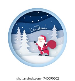 Santa Claus in forest with snow in the winter season and christmas. Paper art style. Vector illustration.