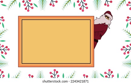 Santa Claus with a frame in front of him, a frame for writing or a photo with a pattern of cherries around it. Cartoon character vector illustration.