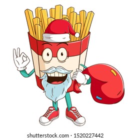 Santa claus of french fries cartoon character carry a red bag with ok hand sign and funny smile face