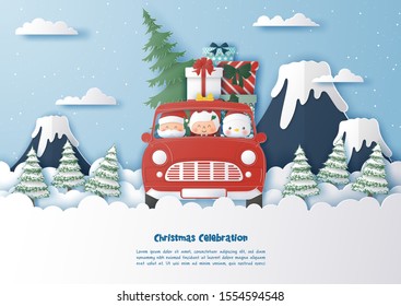 Santa Claus and friend driving Christmas red car on the sky,Merry Christmas and Happy New Year,Paper cut and craft style