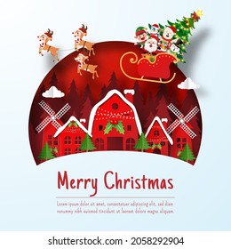 Santa Claus and friend on a sleigh coming to the village, Paper cut illustration